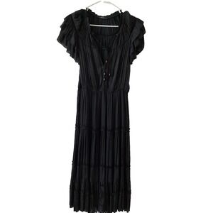 RESET Black Pleated Tiered Midi Dress‎ Size L Boho Ruffle Sleeve Cottagecore